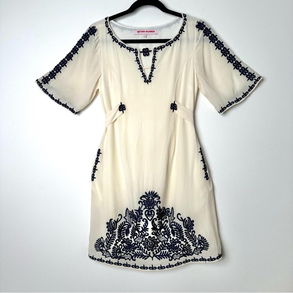 Matthew Williamson Cream Dress with Navy Embroidery
